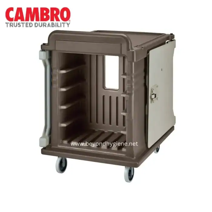 Cleaning cart for hospital or cleaning service, durable, mobile, spacious, with lockable compartments, ideal for healthcare sanitation and janitorial supplies.