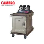 Disinfection cart with sanitizer dispensers and cleaning supplies for hygiene and infection control.
