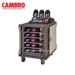 Cambo food and beverage trolley with multiple shelves for storage and organization, ideal for commercial kitchens and hospitality industry; durable and mobile.