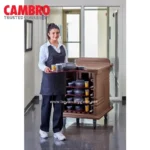 Stainless steel utility cart used for restaurant or catering service, featuring multiple shelves and compartments to organize dishes, cups, and utensils efficiently.