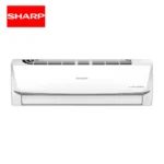Sharp wall-mounted air conditioning unit, energy-efficient HVAC system, sleek white design, quiet operation, suitable for commercial spaces.
