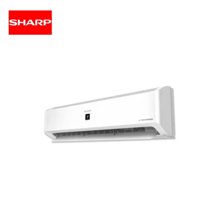 Sharp wall-mounted air conditioner, energy-efficient cooling unit for commercial and residential use, sleek modern design, ideal for maintaining clean indoor air in various spaces.