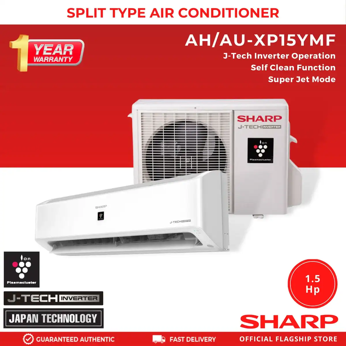 AH-XP15YMF 1.5HP (2) Split type air conditioner with J-Tech inverter technology, 1.5 Hp, energy-efficient cooling, ideal for home and office environments. Featuring super jet mode and self-clean function for maintenance ease.