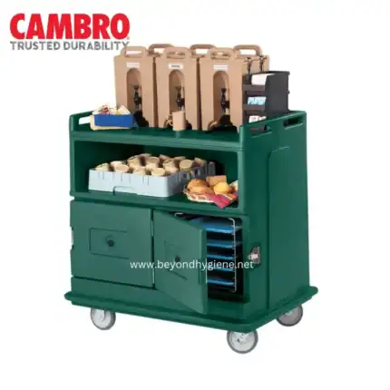 High-quality mobile service cart for beverage and snack stations, durable green plastic with multiple compartments, ideal for hospitality, catering, and event settings in Asia.