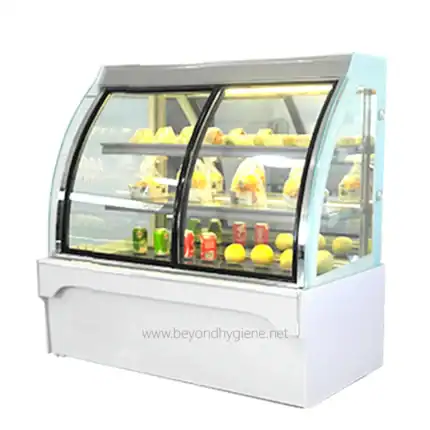 Refrigerated display case for baked goods and beverages, suitable for commercial food display, with curved glass panels and adjustable shelves from Beyond Hygiene Asia.