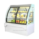 Stainless steel refrigerated display case with glass front for showcasing food products, ideal for supermarkets, convenience stores, and foodservice establishments.