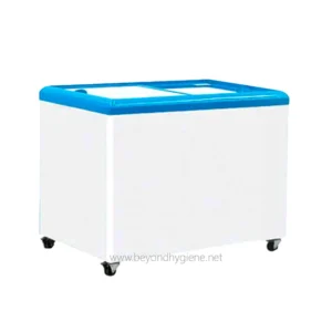 Deep freezer with wheels, for commercial or industrial use, ideal for food storage and sanitation in hygiene-focused environments.