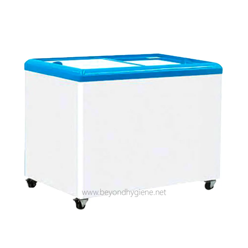 Chest Type Freezer GLASS DOOR SD-450 Cooling ice maker with blue lid for food storage, commercial refrigeration, or beverage chillers. Designed for hygienic food handling and convenient mobility in commercial kitchens or beverage outlets.