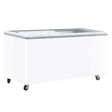 White commercial ice freezer with glass lid, ideal for foodservice and hospitality industries.