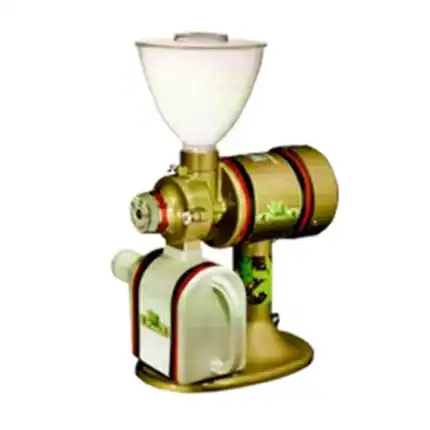 Coffee grinder with a gold and white design, perfect for commercial or home use, emphasizing hygiene and quality in food preparation.