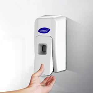 Dispenser of hand sanitizer wall-mounted unit for hygiene and safety in bathrooms or public spaces at Beyond Hygiene Asia.