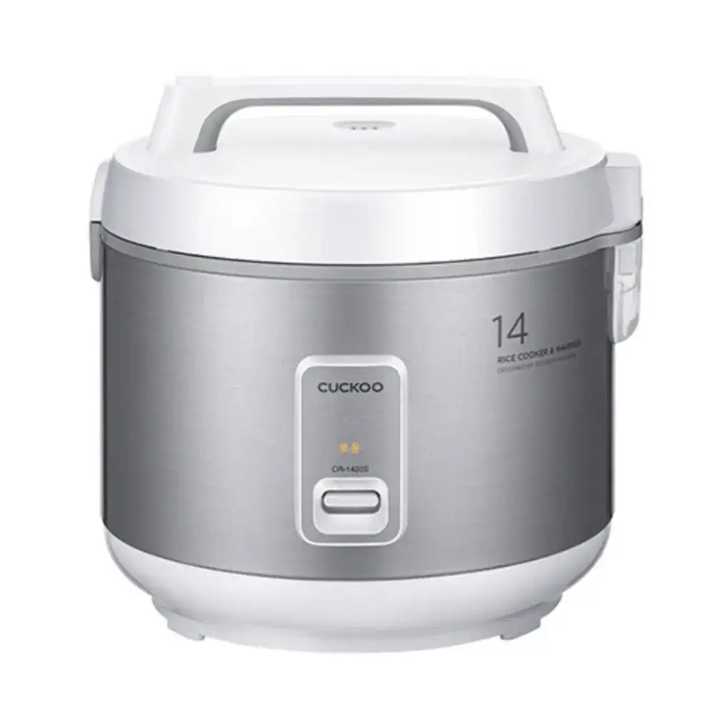 Cuckoo Electric Rice Cooker CR-1420S Cuckoo rice cooker and warmer in silver and white, electric countertop kitchen appliance with digital controls, ideal for healthy rice preparation.