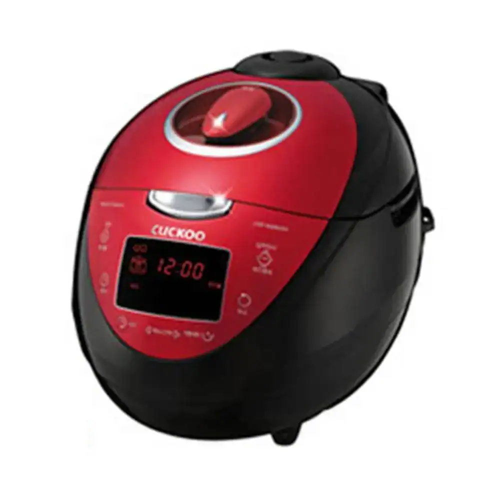 Cuckoo Electric Rice Cooker CRP-N0680SR Automatically generated image of a red and black electric rice cooker, emphasizing modern kitchen appliances and cooking convenience.