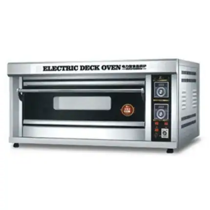 Stainless steel electric deck oven for commercial bakery and culinary use, featuring digital controls and precise temperature settings. Perfect for professional kitchens and bakery businesses.