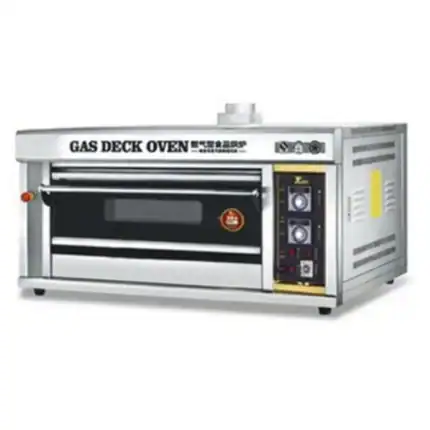 Gas deck oven for commercial baking and food preparation, ideal for restaurants and bakeries. Durable stainless steel construction with adjustable controls for even heat distribution.