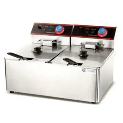 Stainless steel commercial food fryers for professional kitchen use, featuring dual baskets and temperature controls, ideal for restaurants and catering.