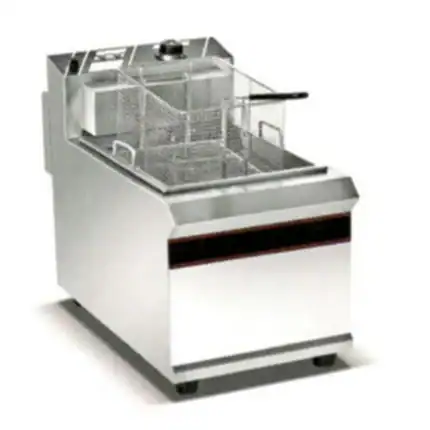 Automatic deep fryer for commercial kitchens, stainless steel, quick temperature control, and easy cleaning. Perfect for food delivery services, cafes, and restaurants in Asia.