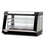 Stainless steel display fridge for bakery or café showcasing baked goods and desserts, ideal for retail food presentation.