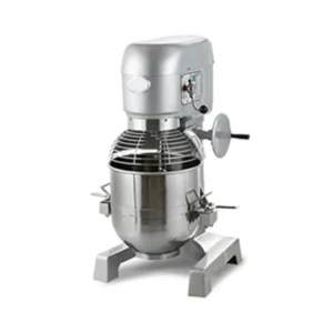Stainless steel industrial dough mixer used for bakery and food production, equipped with heavy-duty mixing bowl and motorized operation for consistent dough preparation.