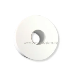 Smooth white toilet paper roll for hygiene and sanitation, ideal for commercial and residential use.
