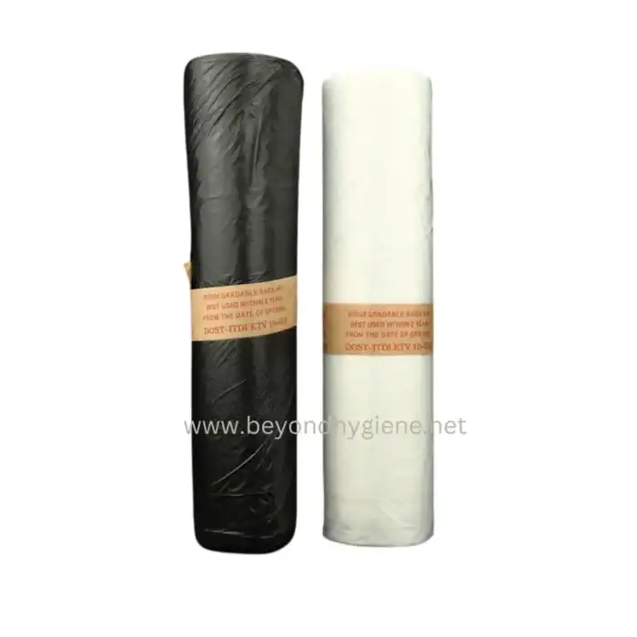 Biodegradable trash bags in black and white, eco-friendly waste disposal solutions by Beyond Hygiene Asia. Great as sustainable trash can liners for commercial and residential use.