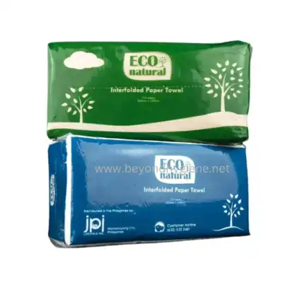 ECO natural eco-friendly interfolded paper towels in green and blue packaging, ideal for sustainable hygiene and cleaning solutions.