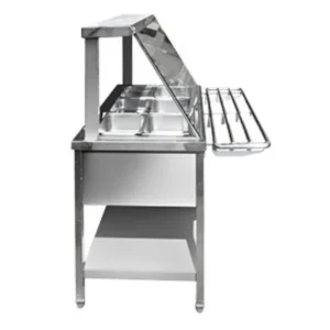 Stainless steel food serving station with sneeze guard, ideal for hygiene-focused environments in Asia. Perfect for buffets, cafeterias, and catering services.