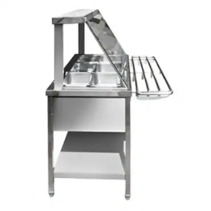 Stainless steel food serving station with sneeze guard, ideal for hygiene-focused environments in Asia. Perfect for buffets, cafeterias, and catering services.