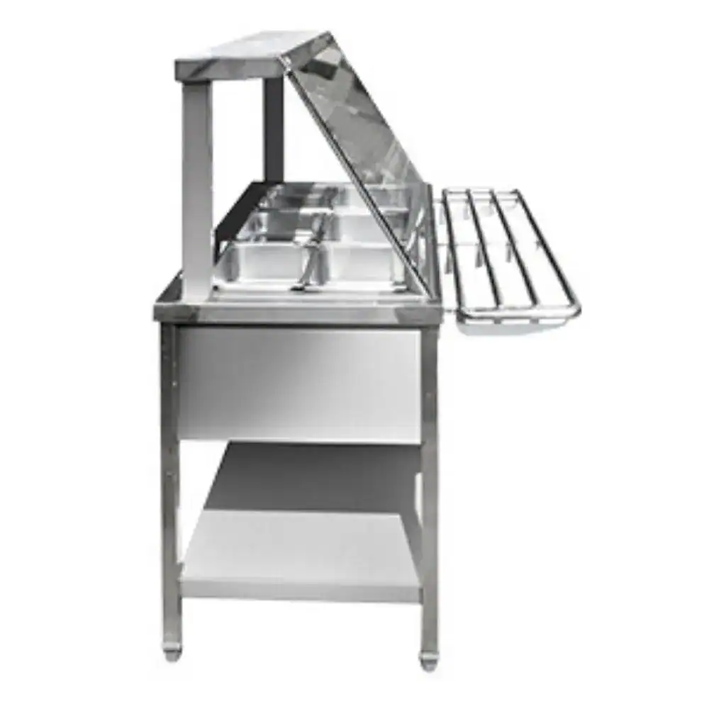 FAB Bain Marie Stainless steel food serving station with sneeze guard, ideal for hygiene-focused environments in Asia. Perfect for buffets, cafeterias, and catering services.