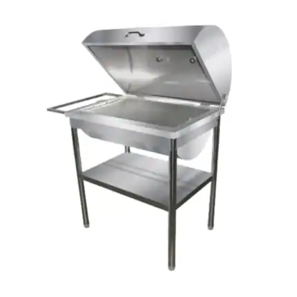Stainless steel handwashing sink with protective lid, ideal for hygienic sanitation stations. Perfect for foodservice, healthcare, and industrial cleanliness needs.