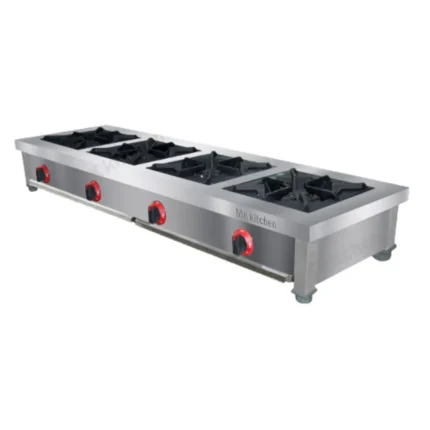 Stainless steel commercial gas stove with five burners, ideal for professional kitchens and food service establishments. Durable and high-performance stovetop for efficient meal preparation.