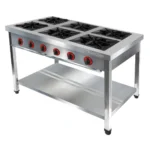 Stainless steel commercial gas stove with six burners, ideal for professional kitchens, food service, and catering businesses focusing on hygiene and efficiency.