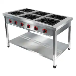 Stainless steel commercial gas stove with six burners, ideal for professional kitchens, food service, and catering businesses focusing on hygiene and efficiency.