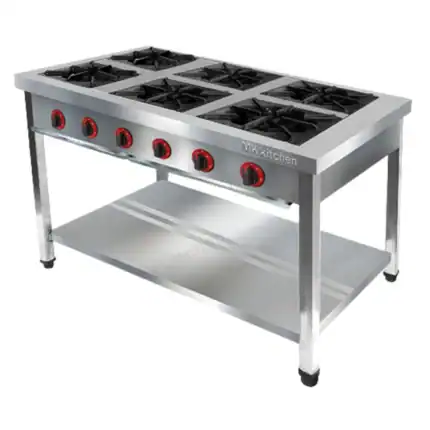 Stainless steel commercial gas stove with six burners, ideal for professional kitchens, food service, and catering businesses focusing on hygiene and efficiency.