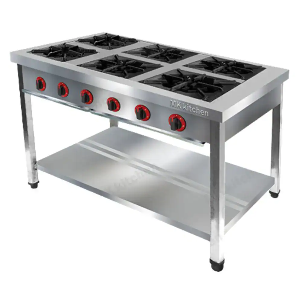FAB Low Pressure Gas Burner w Bottom Shelf Stainless steel commercial gas stove with six burners, ideal for professional kitchens, food service, and catering businesses focusing on hygiene and efficiency.
