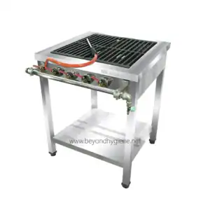Gas-powered commercial griddle stove with multi-burner system, stainless steel construction, and adjustable gas knobs for professional kitchen use.