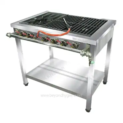 Gas salamander grill with stainless steel construction, adjustable heat controls, and suitable for professional kitchens and catering. High-quality commercial kitchen equipment from Beyond Hygiene Asia.