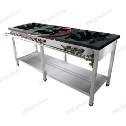 Gas stove top with four burners, stainless steel frame, commercial kitchen appliance for cooking, industrial kitchen equipment, Beyond Hygiene Asia branding.