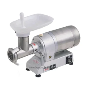Stainless steel meat grinder machine for commercial use, industrial meat mincer with hopper for food processing.