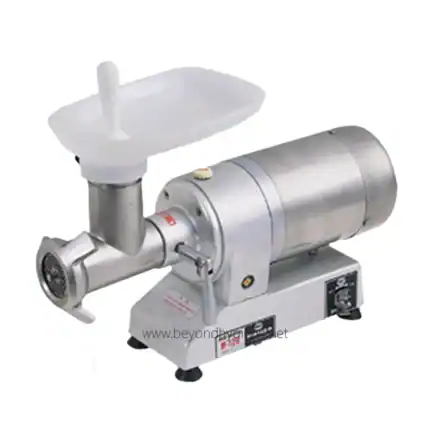 Stainless steel meat grinder machine for commercial use, industrial meat mincer with hopper for food processing.