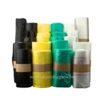 Black, yellow, green, and white garbage bags for commercial and industrial waste management, biodegradable trash bin liners, durable and eco-friendly waste disposal solutions from Beyond Hygiene Asia.