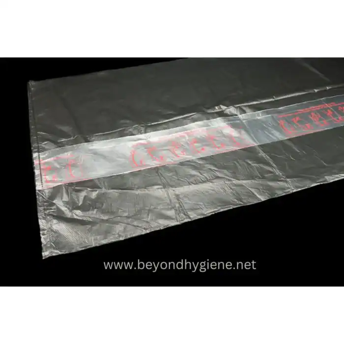 Disposable hygienic plastic strip with red warning text for health safety in Asia.