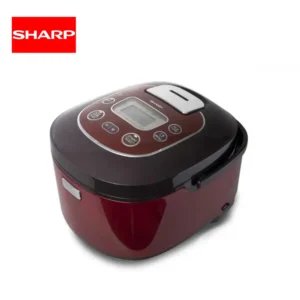 Electric rice cooker with digital control panel in red and black, ideal for Asian cooking, offering efficient rice preparation and versatile functionality for home kitchens.