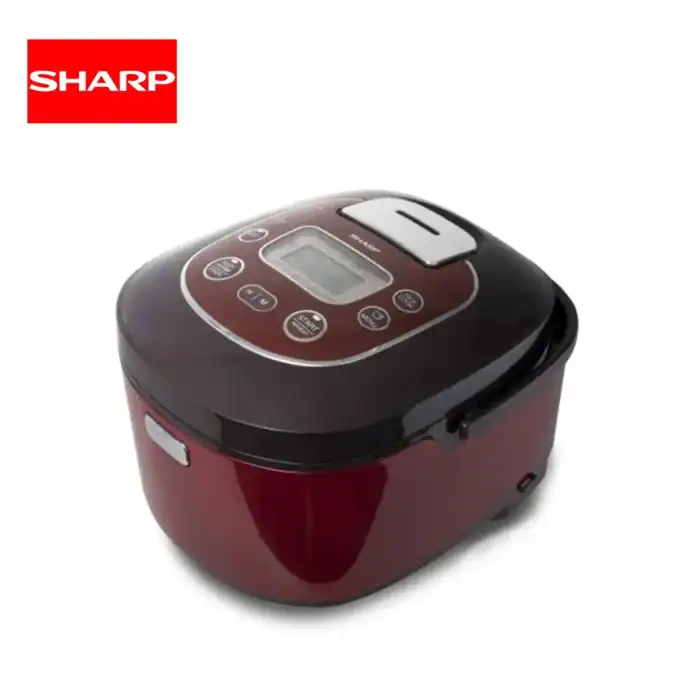 Electric rice cooker with digital control panel in red and black, ideal for Asian cooking, offering efficient rice preparation and versatile functionality for home kitchens.