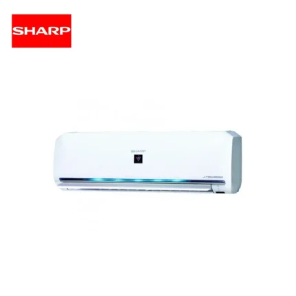 Sharp wall-mounted air conditioner promoting efficient cooling and air quality for commercial and residential spaces. Focus on sleek design, energy efficiency, and advanced climate control technology.