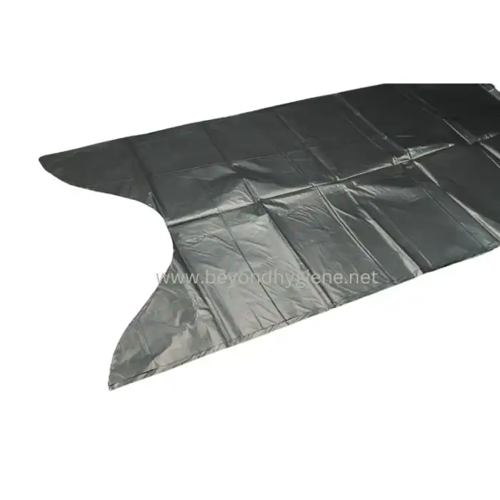 Heavy-duty black plastic waste disposal bag, durable and waterproof, ideal for cleaning and sanitation needs in various industries, including healthcare, hospitality, and commercial sectors.