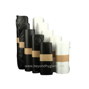 Black and white garbage bags for waste management and sanitation.