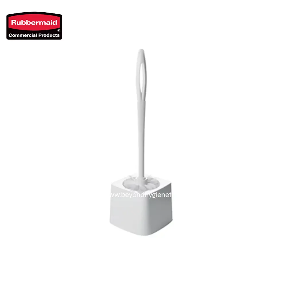1 Rubbermaid toilet brush holder with a modern white design, ideal for commercial or office bathrooms, promoting hygiene and sanitation.