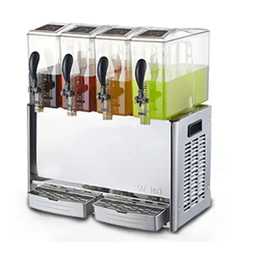 7202(1) Dispensing machine with four different flavored syrups and color-coded levers, ideal for beverage and dessert service, designed for efficient operation and hygiene.