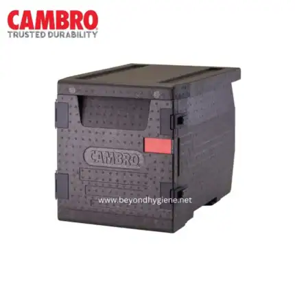 Camro waste receptacle, durable black trash bin with secure lid for commercial hygiene needs.